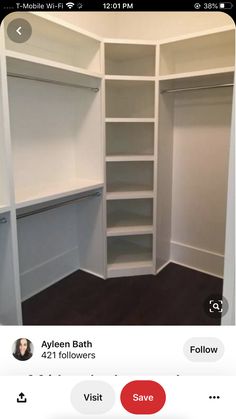 the closet is empty and ready to be used for storage, including two shelving units