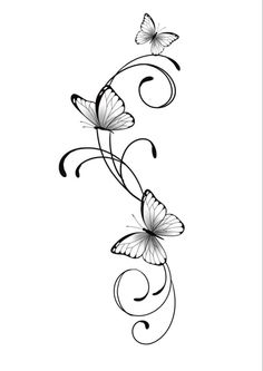 a black and white drawing of two butterflies on a vine with swirly vines around it