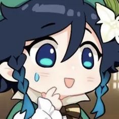 an anime character with blue eyes and black hair, wearing a green jacket and white flower in her hair