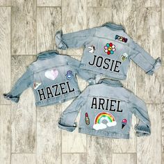 Personalized Girls Denim Jacket | Custom Kids Jean Jacket | Designed With Your Choice of Patches Girls Jean Jacket With Patches, Customizable Long Sleeve Denim Jacket, Customizable Denim Jacket, Customizable Cute Fall Outerwear, Cute Fall Outerwear, Customizable Cute Cotton Outerwear, Cute Customizable Cotton Outerwear, Customizable Long Sleeve Denim Outerwear, Cute Denim Jacket With Patches For Fall