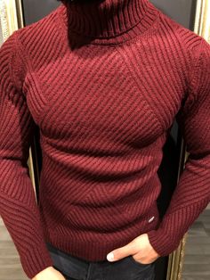 Knitwear material : %50 wool , %45 acrylic , %5 elastane Machine washable : Yes Fitting : slim-fit Package included : Knitwear Dress Shirt Outfit, Maroon Dress Shirt, Elegant Men Style, Mens Business Casual Outfits, October Fashion, Fitted Turtleneck, Wool Turtleneck, Men Clothes, Business Casual Men