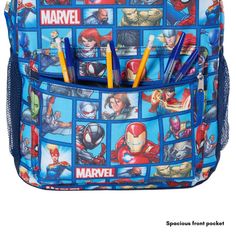 The Marvel Comics Avengers Backpack is the ultimate superhero accessory for kids who adore Iron Man, Thor, Captain Marvel, Spiderman, Doctor Strange, Ant-Man, Miles Morales, Groot, and more! Measuring 16 inches, this backpack showcases an impressive lineup of their favorite Marvel superheroes. Designed for kindergarten and elementary school students, this backpack offers a spacious main compartment that easily fits folders, binders, and notebooks. The front zip pocket keeps school supplies organ Themed School Backpack With Character Print, Travel Backpack With Character Print, Character Print Travel Backpack, Themed Character Print School Bags, Themed School Bags With Character Print, Themed Backpack With Character Print For Back To School, Character Backpack For End Of School Year, Back To School Character Print Backpack, End Of School Year Character Print Backpack