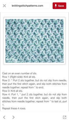 the knitting stitch pattern is shown in blue and white, as well as an example of how