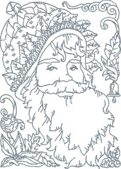 a drawing of santa claus with flowers in his hair and beard, on a white background