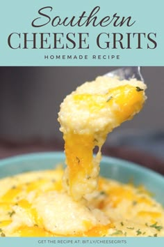 southern cheese grits recipe in a blue bowl with text overlay that reads, southern cheese grits homemade recipe