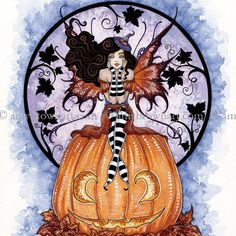 a painting of a fairy sitting on top of a pumpkin