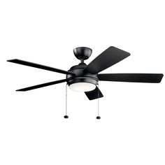 a black ceiling fan with two lights on each side and one light on the other