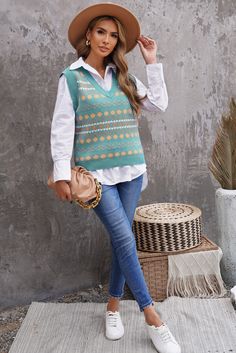 Green Tribal Print V Neck Knitted Sweater Vest Knitted Sweater Vest, Khaki Fashion, Knitted Vest, Stylish Clothes For Women, Look Stylish, Sleeveless Sweater, Knit Vest, Clothing Size Chart, Winter Sweaters