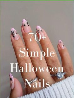 Halloween Nails Almond Simple, Light Colored Halloween Nails, Pink Simple Halloween Nails, Almond Acrylic Nails Designs Halloween, Almond Halloween Nail Designs Simple, Simple Spider Nails, Almond Ghost Nails, Halloween French Nail Designs, Halloween Nails Easy Diy