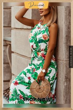 Bohemian Vintage Print Halterneck Dress P10310 Beach Dresses Summer Bohemian, Women Maxi Dresses Summer, Sundress Dress, Retro Print, Women Maxi, Halterneck Dress, Fashion Color, Sweater Set, Retro Prints