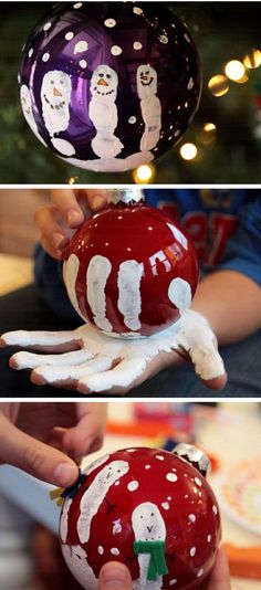 three different pictures of hand painted christmas ornaments