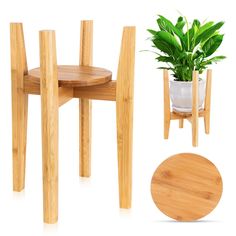 three wooden chairs, one with a potted plant and the other with a small table