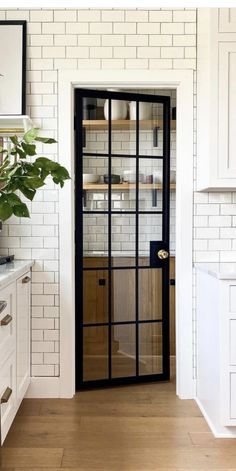 a white kitchen with black glass doors and wood flooring on the side walk way