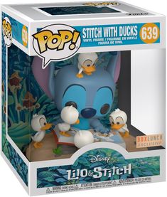 the pop disney movie vinyl figure is in a box with an image of stitch and duck