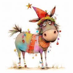 a painting of a colorful donkey with a party hat and scarf on it's head