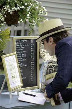 a man in a suit and hat writing on a piece of paper at a table