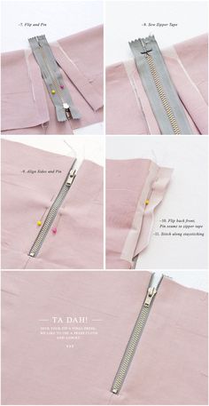 instructions for sewing the zipper on a pink shirt