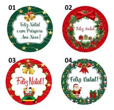 four christmas stickers with different sayings and decorations on them, all decorated in various colors