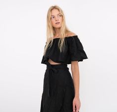 ACACIA Off The Shoulder Ruffle Linen Top / Cropped Linen Blouse / Bardot Crop Top Off-shoulder Top With Ruffles For Brunch, Elegant Off-shoulder Crop Top With Ruffles, Casual Cropped Off-shoulder Top With Ruffles, Chic Ruffled Off-shoulder Top For Day Out, Elegant Cropped Off-shoulder Top For Summer, Off-shoulder Ruffle Crop Top For Day Out, Chic Off-shoulder Crop Top With Ruffles, Off-shoulder Ruffle Crop Top For Brunch, Linen Wrap Skirt