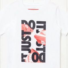 A Totally Cool Logo Print Adds Fun Style To Nike's Comfy Cotton T-Shirt. - Crewneck - Graphic Print At Front - All Cotton - Machine Washable - Imported White Nike T-shirt With Text Print, Crewneck Graphic, Tops Nike, Nike Boy, Fun Style, Kids Nike, Nike Shirts, Cool Logo, White T Shirt