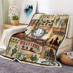 This soft cozy blanket, made from high quality microfiber polyester, provides a warm and cozy feeling. Blankets are available in a wide range of colors and patterns to suit your different needs and preferences. The fuzzy blanket is suitable for use on sofas, beds, camping and traveling. It can be easily folded into a suitcase or storage cabinet for easy carrying and storage. This cozy flannel blanket is easy to clean and maintain. It can be machine washed, gently dried or laid flat to dry. It re Western Blankets, Wild West Cowboys, Blanket For Baby, Wilde Westen, Fuzzy Blanket, Chapeau Cowboy, Cute Blankets, Baby Boy Blankets, Plush Throw Blankets