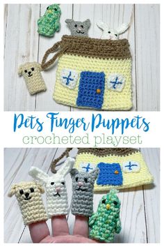 crocheted finger puppets made to look like houses and animals are featured in the video