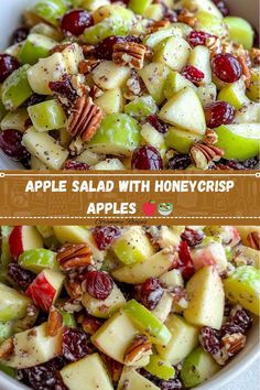 apples salad with honeycris, cranberries and pecans in a white bowl