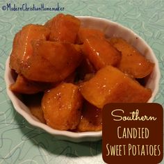 a white bowl filled with candied sweet potatoes