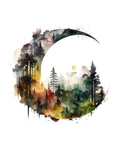 the moon and trees are painted in watercolor