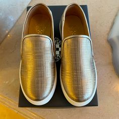 Super Cute Vince Camuto Bestina Champagne Colored Slip On Shoe. Weave Embossed. Size 1 Gold Slip-ons With Round Toe, Gold Slip-on Sneakers With Rubber Sole, Vince Camuto Shoes, Champagne Color, Vince Camuto, Slip On Shoes, Girls Shoes, Kids Shoes, Shoes Sneakers