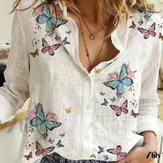 Zlily - Womens Casual Button Front Long Sleeve Collar Shirt with Charming Butterfly Print - A Sophisticated Addition to Your Wardrobe Summer Blouse With Casual Collar And Buttons, Non-stretch Summer Button-up Blouse, Summer Non-stretch Button-up Blouse, Non-stretch Button-up Summer Blouse, Summer White Non-stretch Shirt, Non-stretch White Shirt For Summer, Spring Shirt With Button Closure And Casual Collar, Casual Summer Blouse With Butterfly Print, Spring Non-stretch Collared Blouse