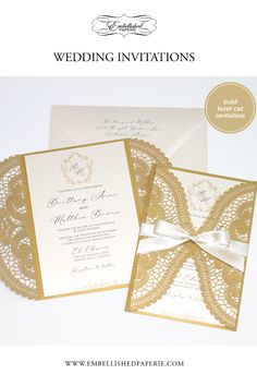 an elegant wedding card with gold lace and ribbon