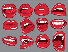 red lips with different expressions and teeth