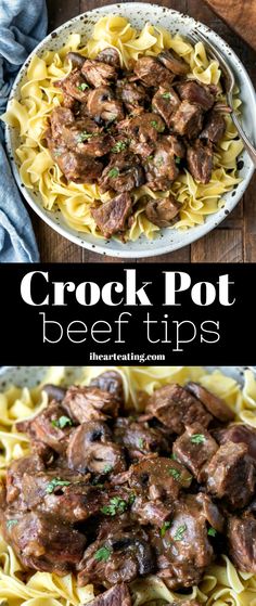 crock pot beef tips in a bowl with noodles