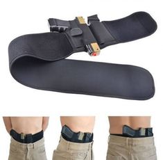 the belt is attached to the back of a man's leg and has three different buckles on it