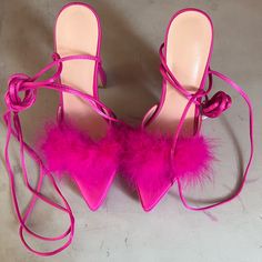 Lace Up, Open Toe, Fur Heels Brand New, Never Worn Pink High Heel Heels For Party Season, Chic Pink Heels For Party Season, Chic Pointed Toe Heels For Party Season, Pink Fur Heels, Fur Heels, Pink Fur, Knee High Leather Boots, Outfit Women, Shoes Women Heels