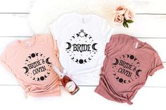 Bride's Coven Shirt, Bachelorette Party Shirt, Bride Squad T-Shirt, Team Bride Tee, Bridal Party T shirt, Halloween Party Shirt  How To Order  1-) Please, Check and Review all Photos. 2-) Select Your Product Type and Color. 3-) Select Your Product Size. 4-) Click ADD TO CART and You can go back to add more product color and text color or You can complete the checkout process. 5-) After You added your note, Please Click "Proceed to Check Out" ❤ Washing Instructions: For best results, wash inside Bride Tee, Bachelorette Party Shirt, Bride Squad, Bachelorette Party Shirts, Team Bride, Fete Halloween, Party Shirts, Bachelorette Party, Bridal Party