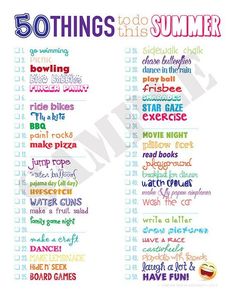 the 50 things to do this summer poster is shown in multicolored letters and numbers