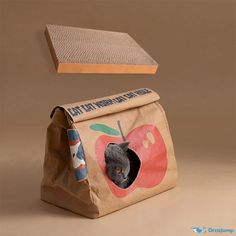 a cat in a paper bag with an apple on it and a cardboard box above