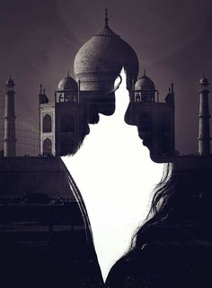 the silhouette of two people facing each other in front of a large building with domes