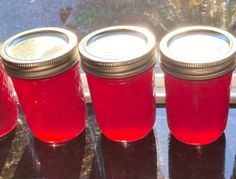 four jars filled with red liquid sitting on top of a counter next to a window