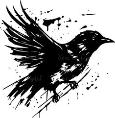 a black and white drawing of a bird on a branch with paint splatters