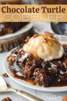 chocolate turtle cobbler on a plate with ice cream and pecans in the background