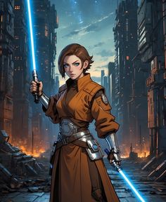 a woman in a star wars outfit holding two lightsabes