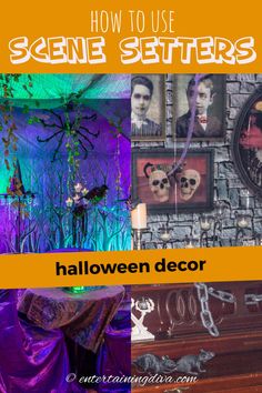 halloween decor with the words how to use scene setters on it in orange and purple