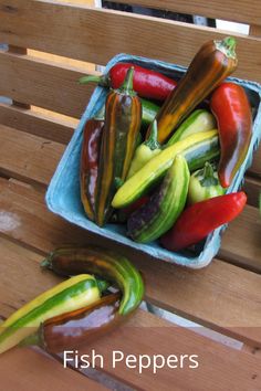 there are many different types of vegetables in the basket on the bench together, including peppers and zucchini