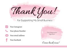 a pink thank card with the words thank you for supporting my small business on it