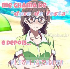 a girl with glasses standing on the beach in front of an umbrella and some words above her