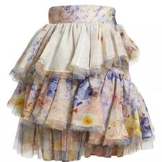 Zimmermann Rhythmic Tiered Mini Skirt Au 1 Fits Us 2/4 Lightly Used In Perfect Condition Citrus Garden, Tiered Mini Skirt, Blue Mini Skirt, Princess Core, Soft Floral, Feminine Aesthetic, Victoria Beckham, Model Measurements, Floral Motif