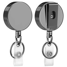 two round retractable lanyards attached to each other with metal rings and snap hooks